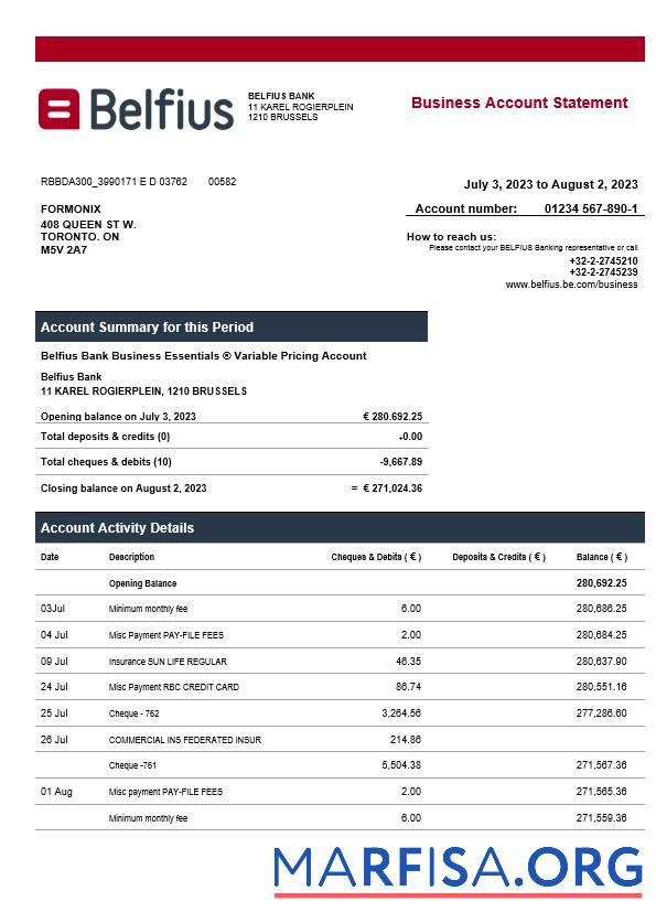 Blank Belfius Bank enterprise statement Word and PDF template